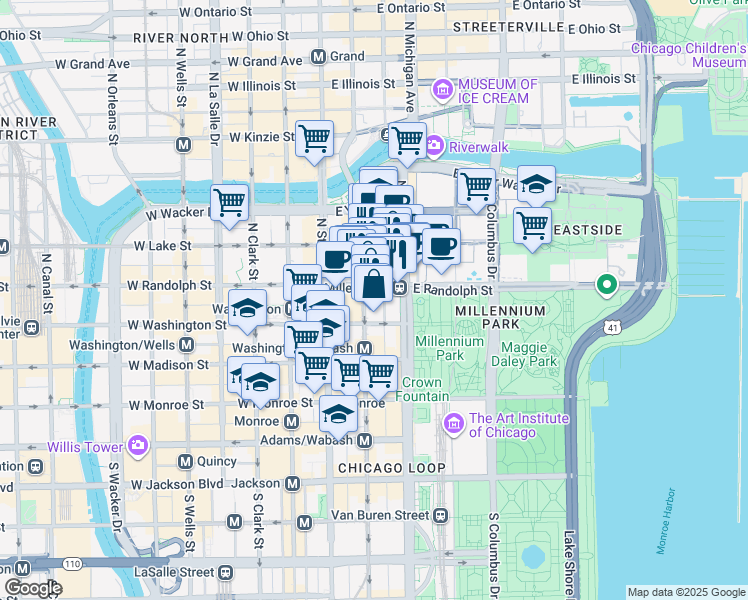 map of restaurants, bars, coffee shops, grocery stores, and more near 154 North Garland Court in Chicago