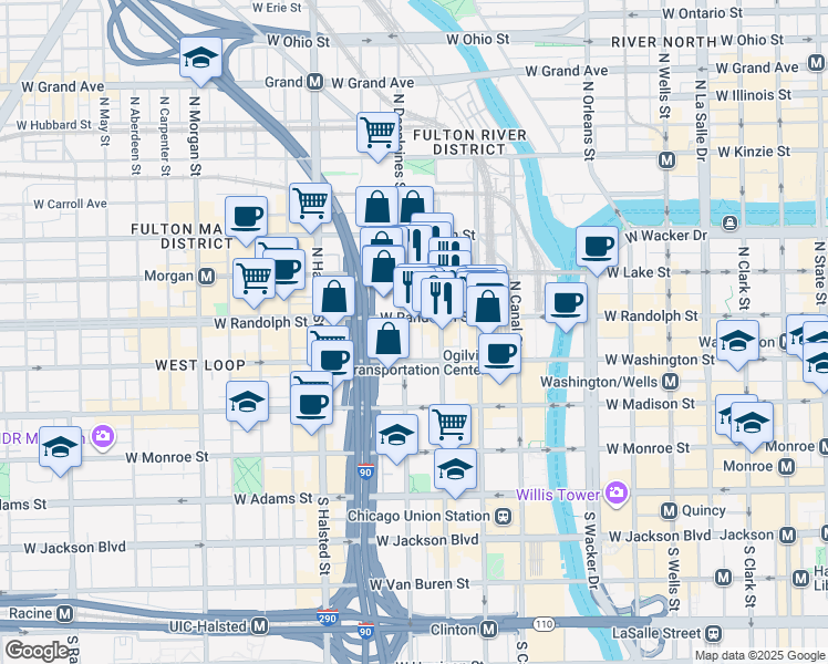map of restaurants, bars, coffee shops, grocery stores, and more near 167 North Des Plaines Street in Chicago