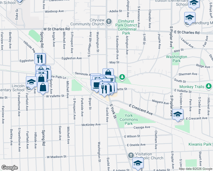 map of restaurants, bars, coffee shops, grocery stores, and more near 526 South York Street in Elmhurst