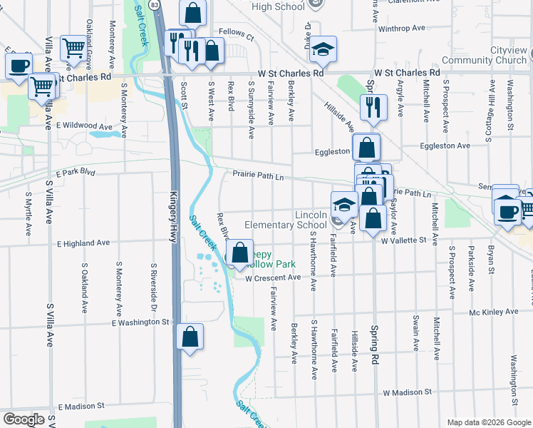 map of restaurants, bars, coffee shops, grocery stores, and more near 527 Fairview Avenue in Elmhurst