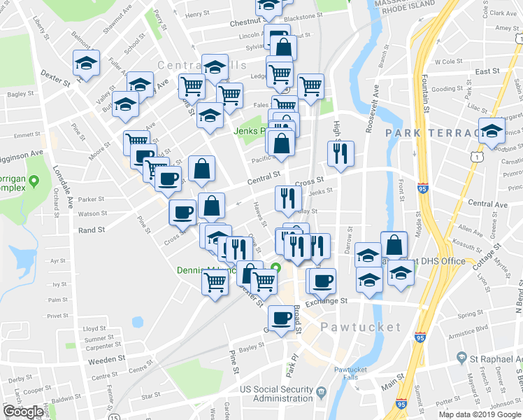 map of restaurants, bars, coffee shops, grocery stores, and more near 87 Clay Street in Central Falls