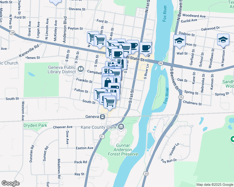 map of restaurants, bars, coffee shops, grocery stores, and more near 301 South 3rd Street in Geneva