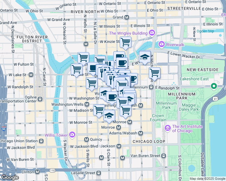 map of restaurants, bars, coffee shops, grocery stores, and more near 50 West Washington Street in Chicago