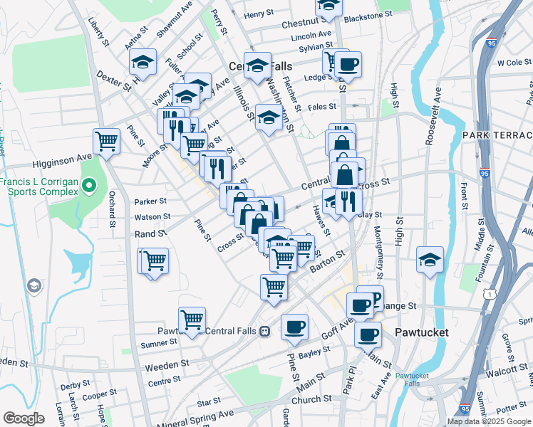 map of restaurants, bars, coffee shops, grocery stores, and more near 352 Central Street in Central Falls