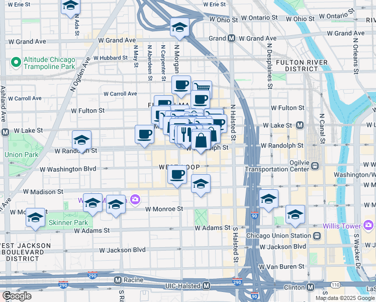 map of restaurants, bars, coffee shops, grocery stores, and more near 920 West Randolph Street in Chicago
