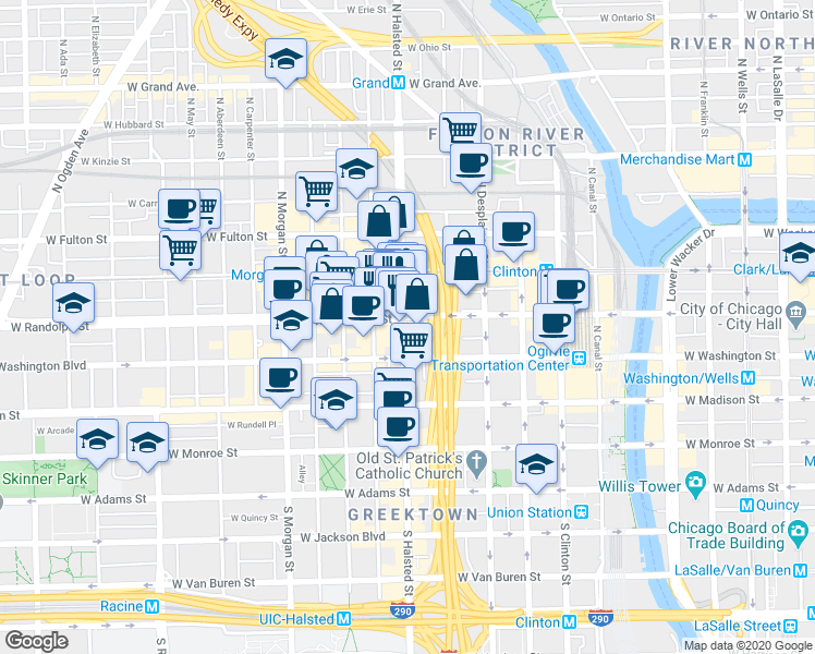 map of restaurants, bars, coffee shops, grocery stores, and more near 125 North Halsted Street in Chicago