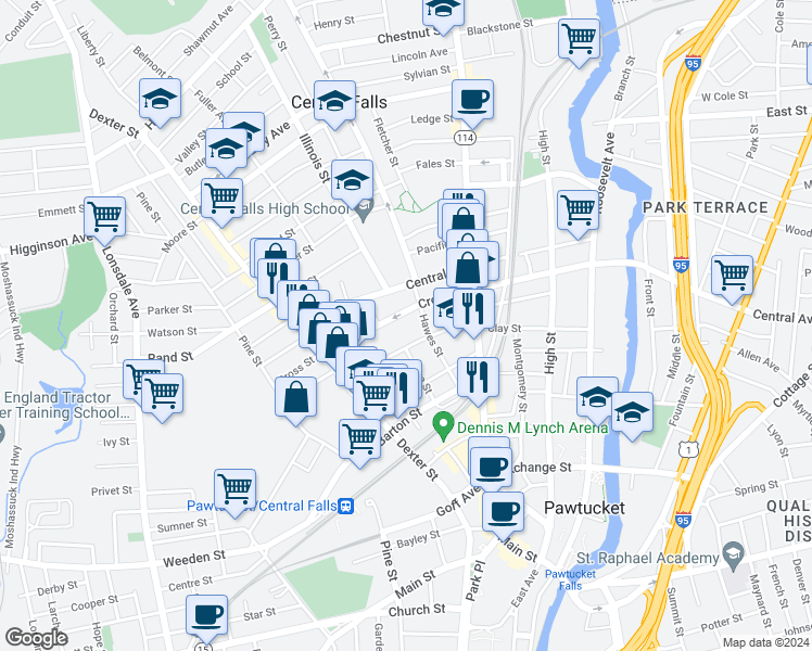 map of restaurants, bars, coffee shops, grocery stores, and more near 140 Cross Street in Central Falls