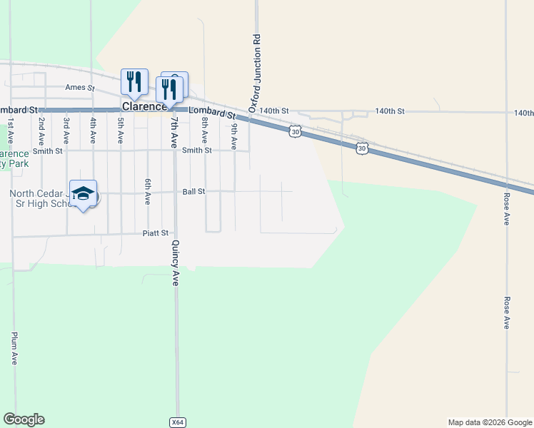map of restaurants, bars, coffee shops, grocery stores, and more near in Clarence