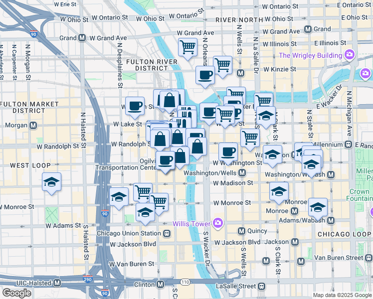 map of restaurants, bars, coffee shops, grocery stores, and more near 2 North Riverside Plaza in Chicago