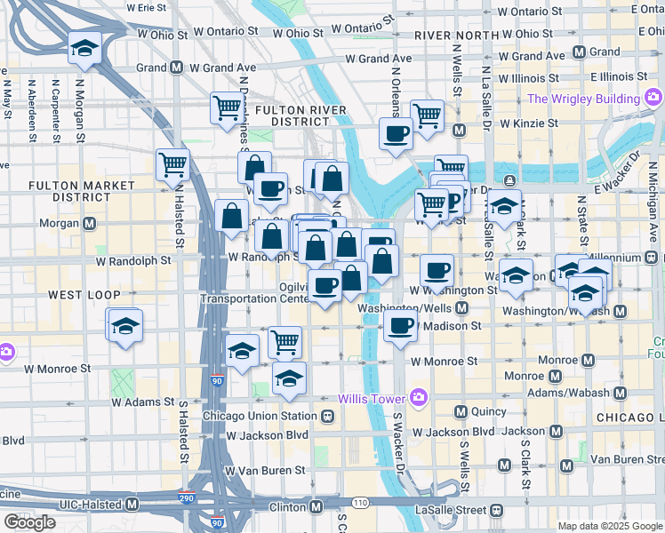 map of restaurants, bars, coffee shops, grocery stores, and more near 120 North Canal Street in Chicago