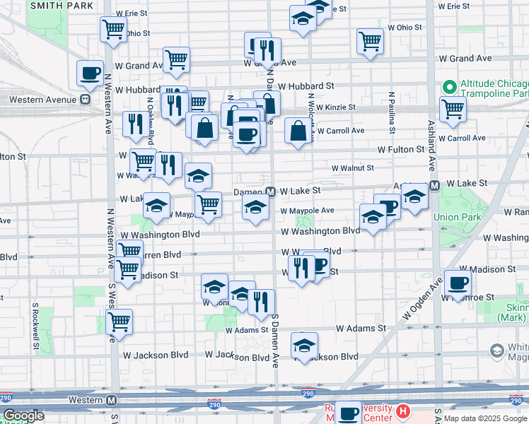 map of restaurants, bars, coffee shops, grocery stores, and more near North Seeley Avenue in Chicago