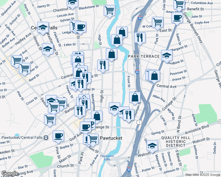 map of restaurants, bars, coffee shops, grocery stores, and more near 396 Roosevelt Avenue in Central Falls