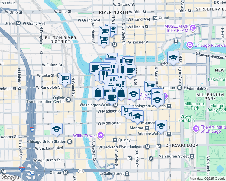 map of restaurants, bars, coffee shops, grocery stores, and more near 205 West Randolph Street in Chicago