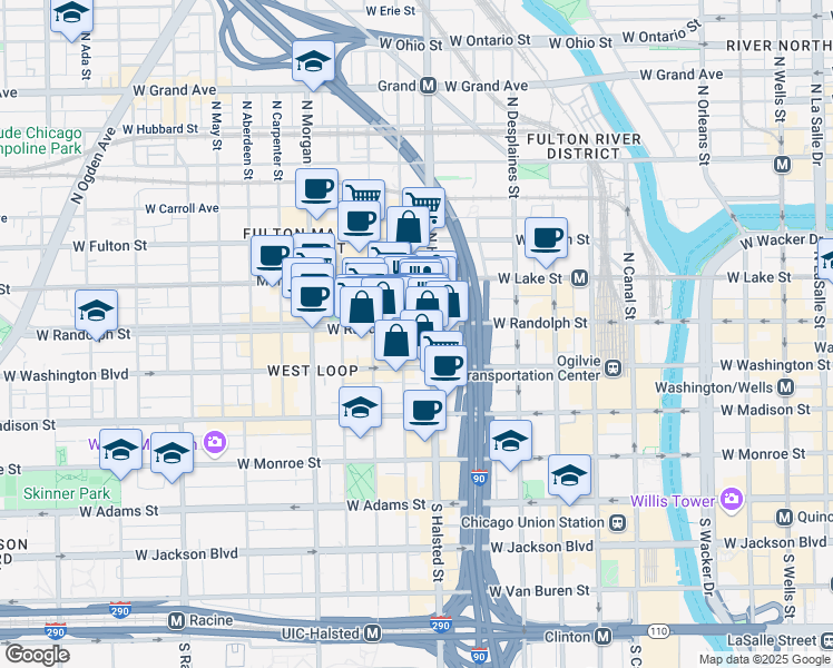 map of restaurants, bars, coffee shops, grocery stores, and more near 149 North Halsted Street in Chicago