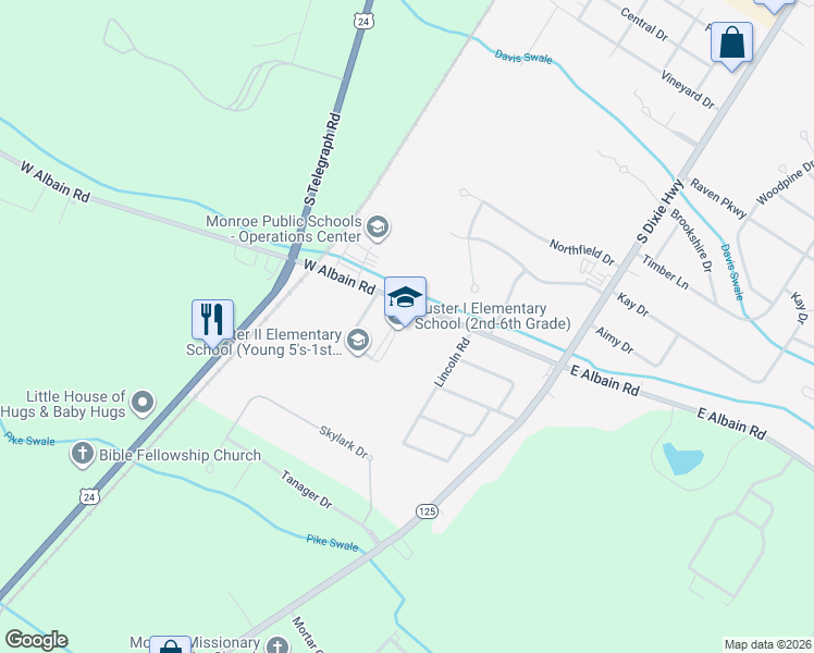 map of restaurants, bars, coffee shops, grocery stores, and more near 5003 West Albain Road in Monroe
