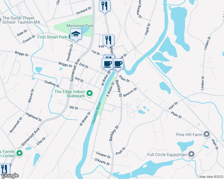 map of restaurants, bars, coffee shops, grocery stores, and more near 40 East Water Street in Taunton