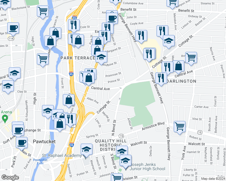 map of restaurants, bars, coffee shops, grocery stores, and more near 228 Central Avenue in Pawtucket