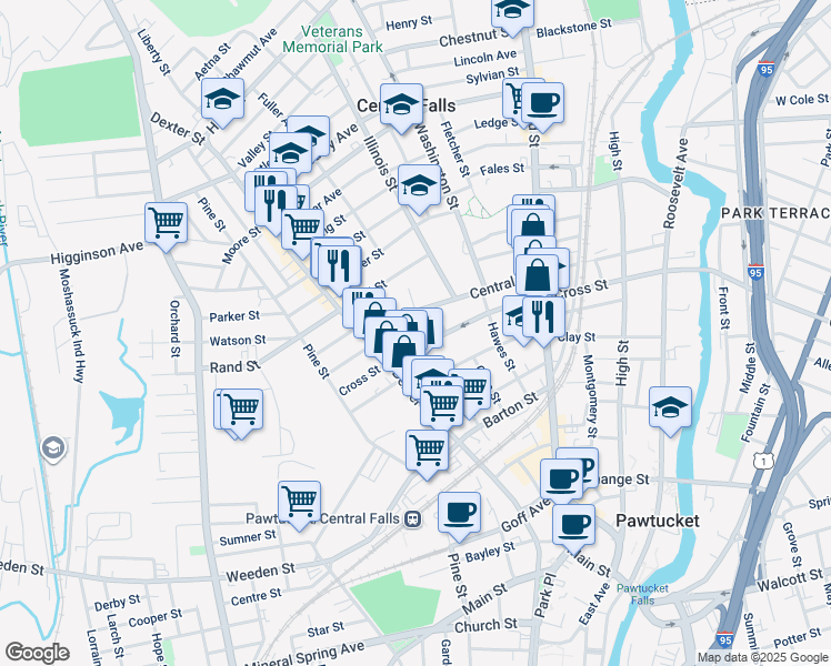 map of restaurants, bars, coffee shops, grocery stores, and more near 352 Central Street in Central Falls