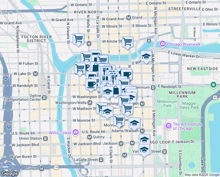 map of restaurants, bars, coffee shops, grocery stores, and more near 19 Chicago Pedway System in Chicago