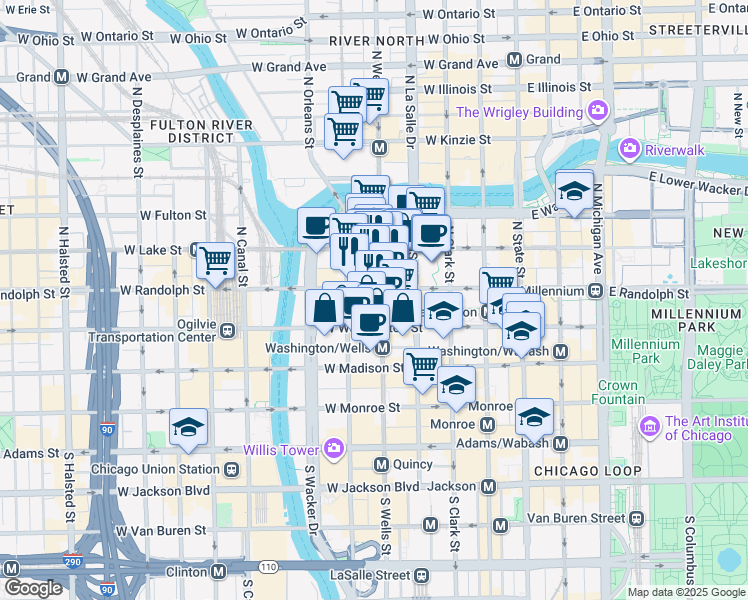 map of restaurants, bars, coffee shops, grocery stores, and more near 218 West Randolph Street in Chicago