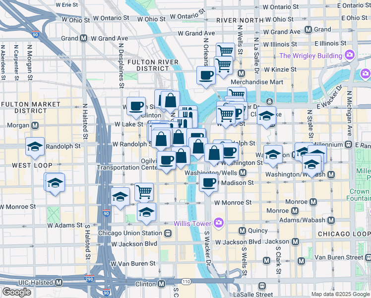 map of restaurants, bars, coffee shops, grocery stores, and more near 2 North Riverside Plaza in Chicago