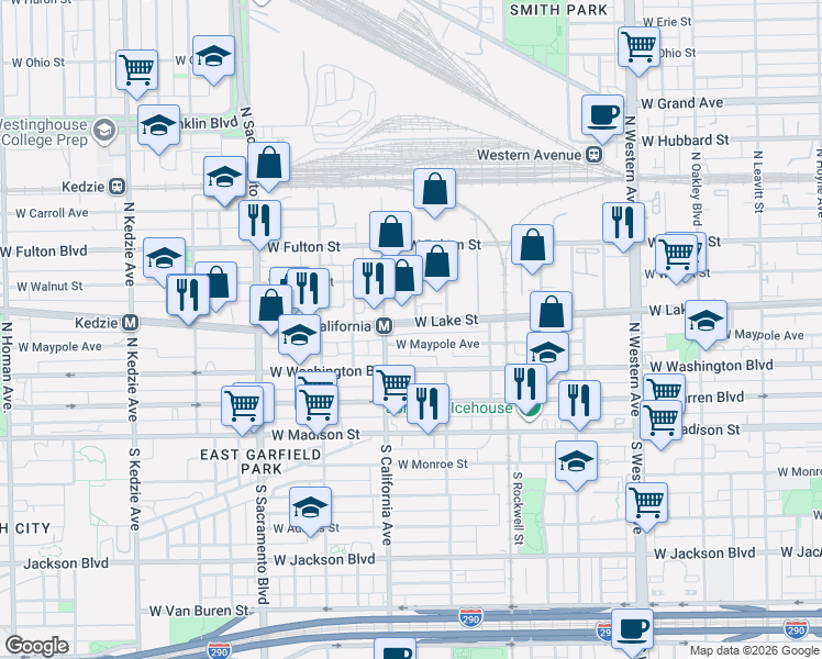 map of restaurants, bars, coffee shops, grocery stores, and more near 157 North California Avenue in Chicago
