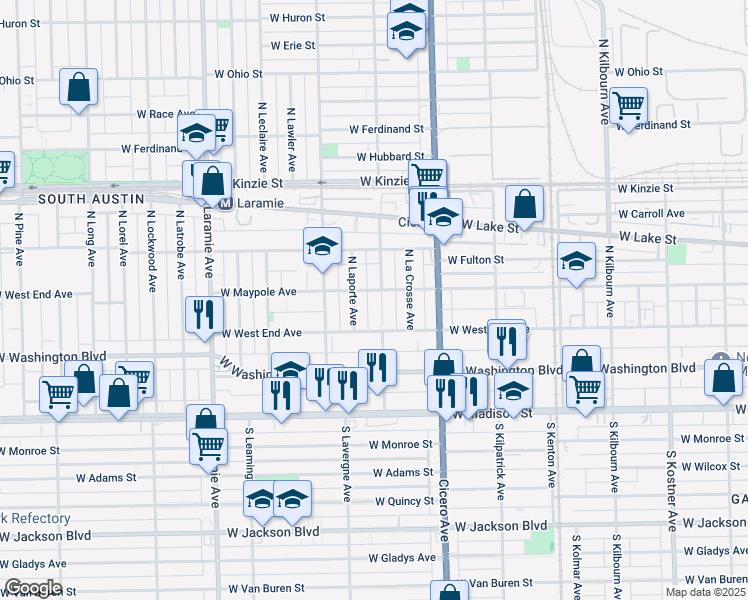 map of restaurants, bars, coffee shops, grocery stores, and more near 201 North Laporte Avenue in Chicago
