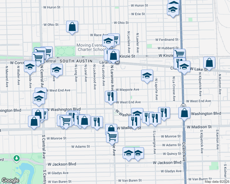 map of restaurants, bars, coffee shops, grocery stores, and more near in Chicago