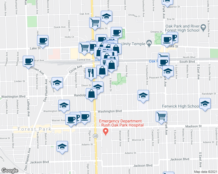 map of restaurants, bars, coffee shops, grocery stores, and more near 227 South Marion Street in Oak Park