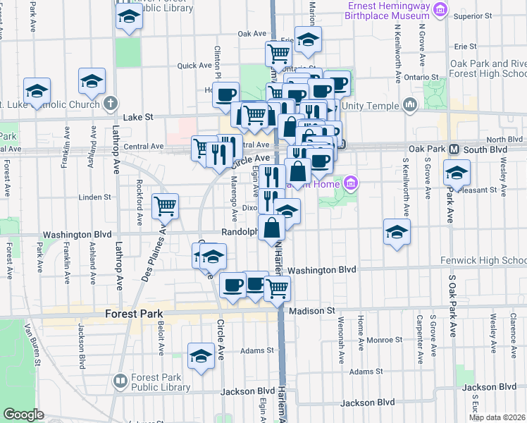 map of restaurants, bars, coffee shops, grocery stores, and more near 123 Harlem Avenue in Forest Park