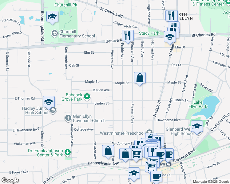 map of restaurants, bars, coffee shops, grocery stores, and more near 684 Western Avenue in Glendale Heights