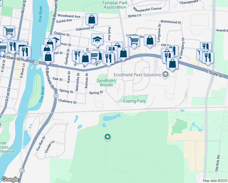 map of restaurants, bars, coffee shops, grocery stores, and more near 101 Sandholm Street in Geneva