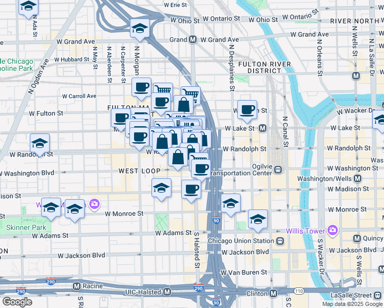 map of restaurants, bars, coffee shops, grocery stores, and more near in Chicago