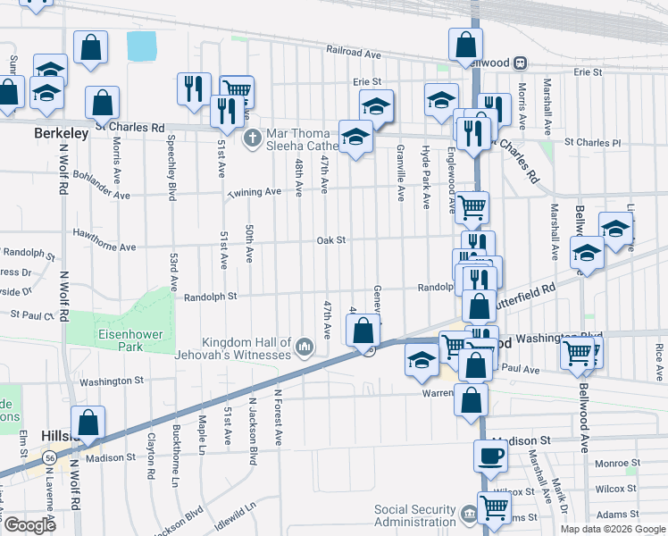 map of restaurants, bars, coffee shops, grocery stores, and more near 410 47th Avenue in Bellwood