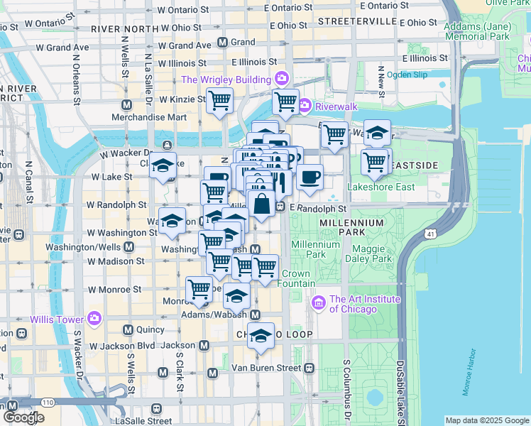 map of restaurants, bars, coffee shops, grocery stores, and more near 154 North Garland Court in Chicago