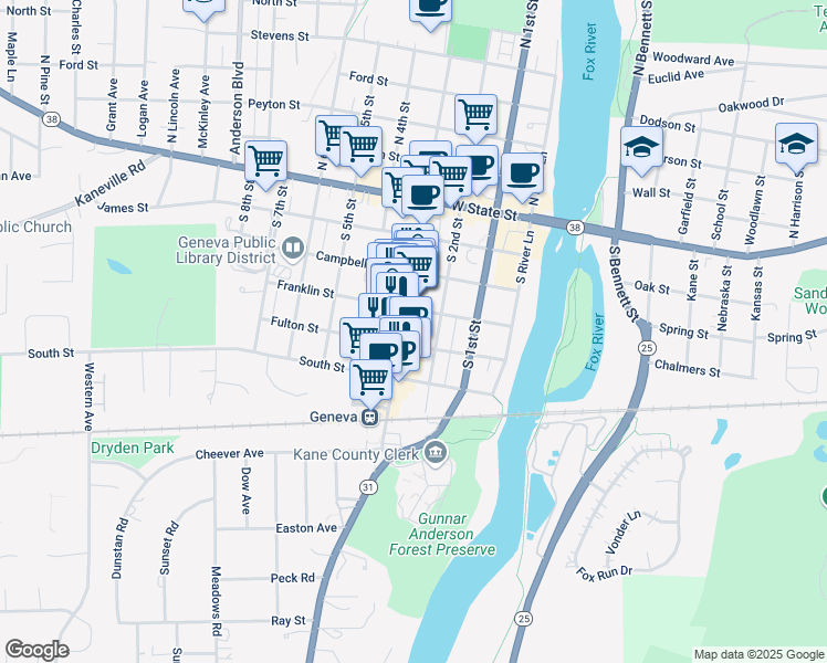 map of restaurants, bars, coffee shops, grocery stores, and more near 301 South 3rd Street in Geneva