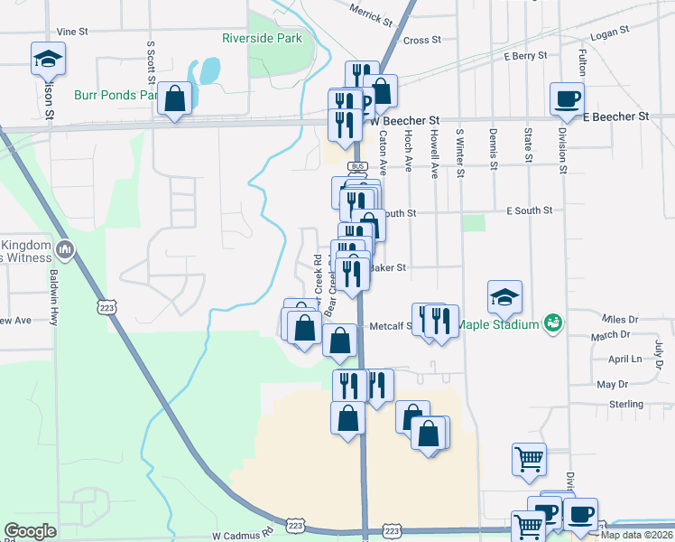 map of restaurants, bars, coffee shops, grocery stores, and more near 1000 South Main Street in Adrian