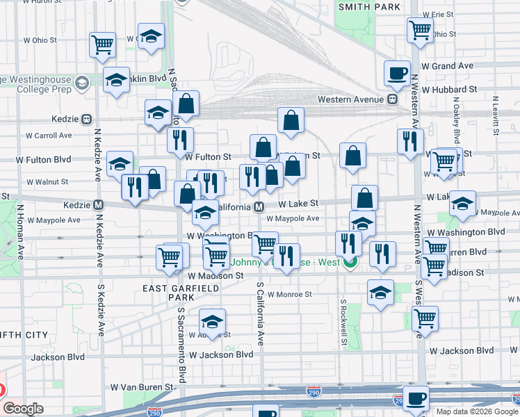 map of restaurants, bars, coffee shops, grocery stores, and more near 157 North California Avenue in Chicago