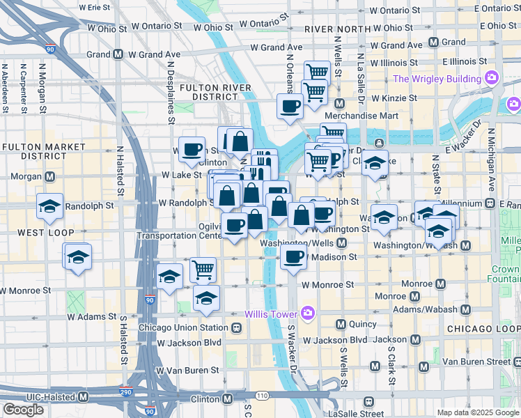map of restaurants, bars, coffee shops, grocery stores, and more near 100 North Riverside Plaza in Chicago