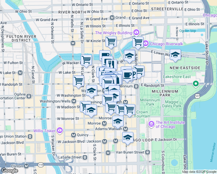 map of restaurants, bars, coffee shops, grocery stores, and more near 23 West Randolph Street in Chicago