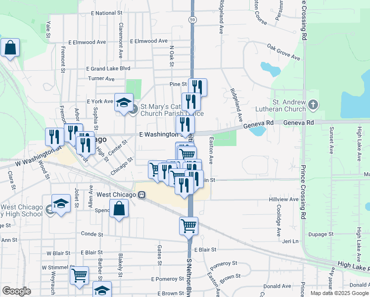 map of restaurants, bars, coffee shops, grocery stores, and more near 550 East Washington Street in West Chicago