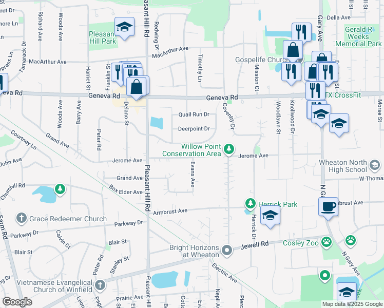 map of restaurants, bars, coffee shops, grocery stores, and more near 26W044 Jerome Avenue in Wheaton