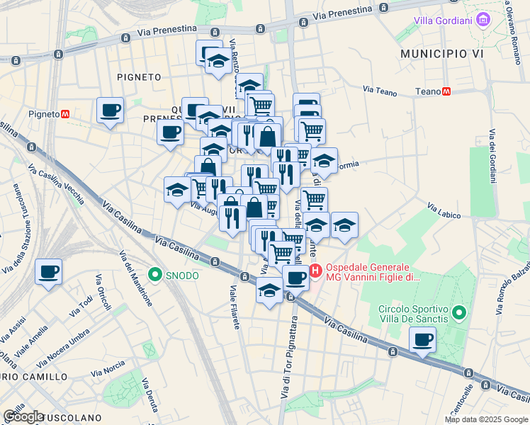 map of restaurants, bars, coffee shops, grocery stores, and more near 45 Via Attilio Zuccagni Orlandini in Roma