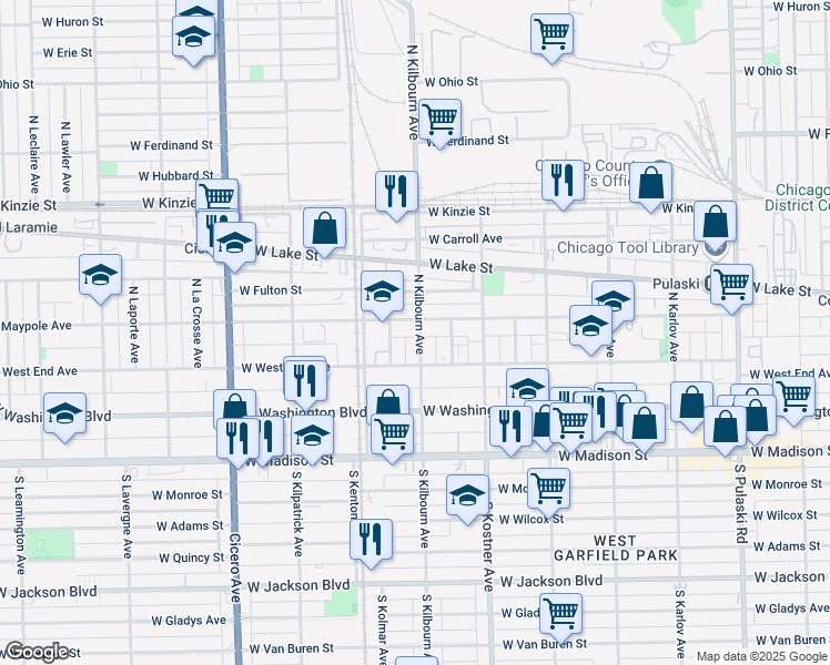 map of restaurants, bars, coffee shops, grocery stores, and more near 4503 West Maypole Avenue in Chicago