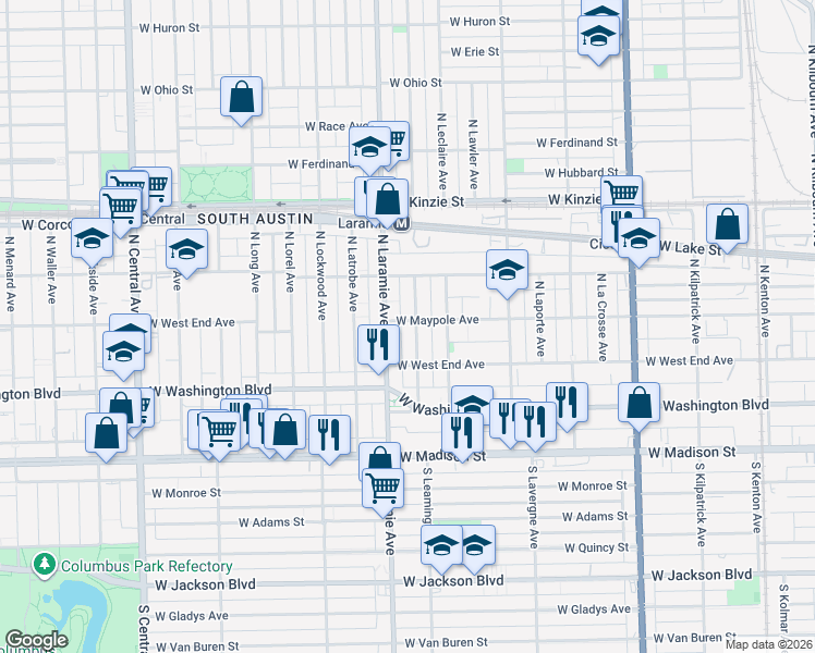 map of restaurants, bars, coffee shops, grocery stores, and more near 200 North Leamington Avenue in Chicago