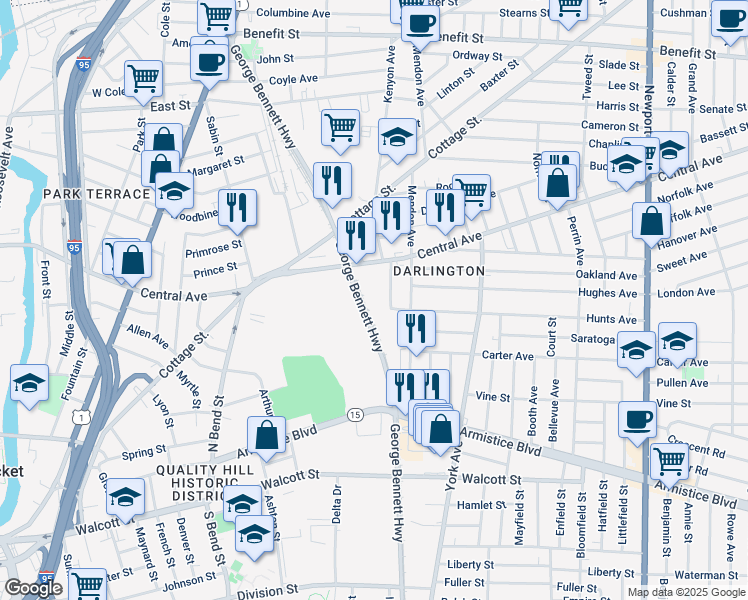 map of restaurants, bars, coffee shops, grocery stores, and more near 413 Central Avenue in Pawtucket