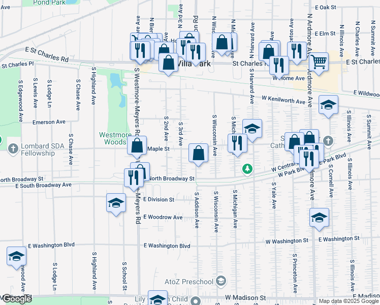 map of restaurants, bars, coffee shops, grocery stores, and more near 342 West School Street in Villa Park