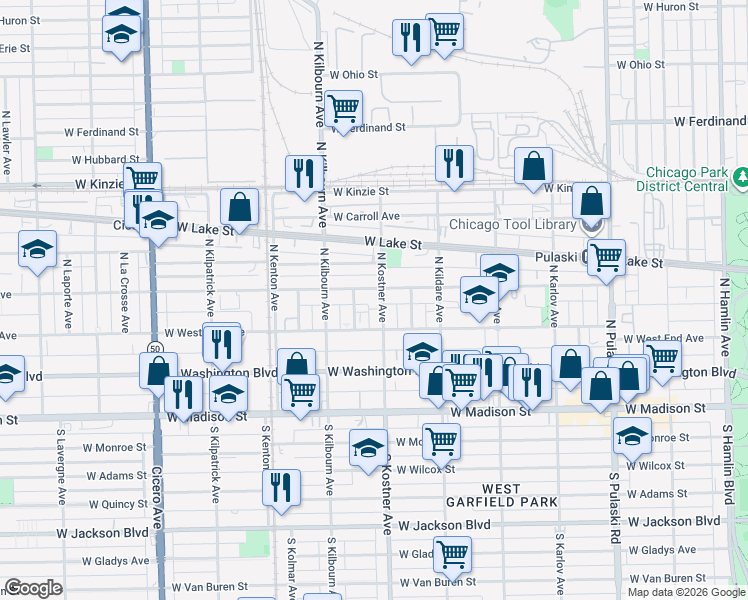 map of restaurants, bars, coffee shops, grocery stores, and more near 4421 West Maypole Avenue in Chicago