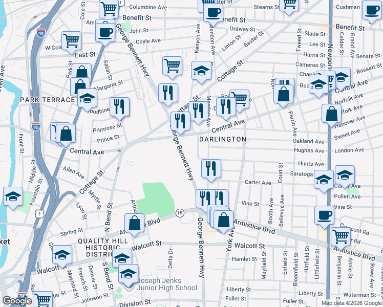 map of restaurants, bars, coffee shops, grocery stores, and more near 413 Central Avenue in Pawtucket
