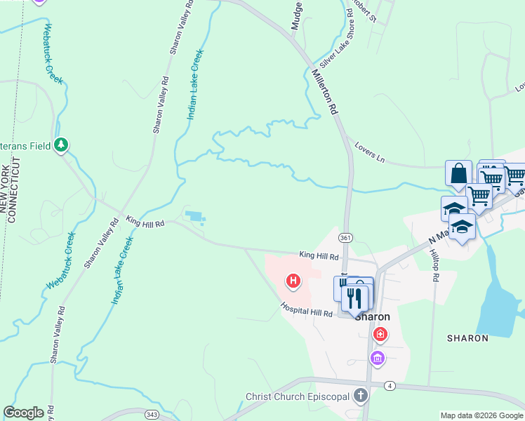 map of restaurants, bars, coffee shops, grocery stores, and more near 30 King Hill Road in Sharon